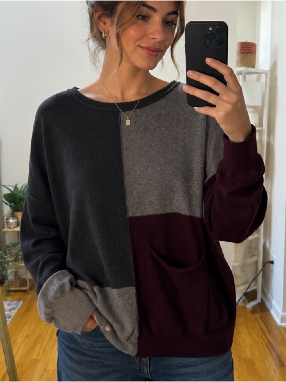 Democracy Colorblock Crewneck Sweater in Charcoal, Gray & Burgundy
